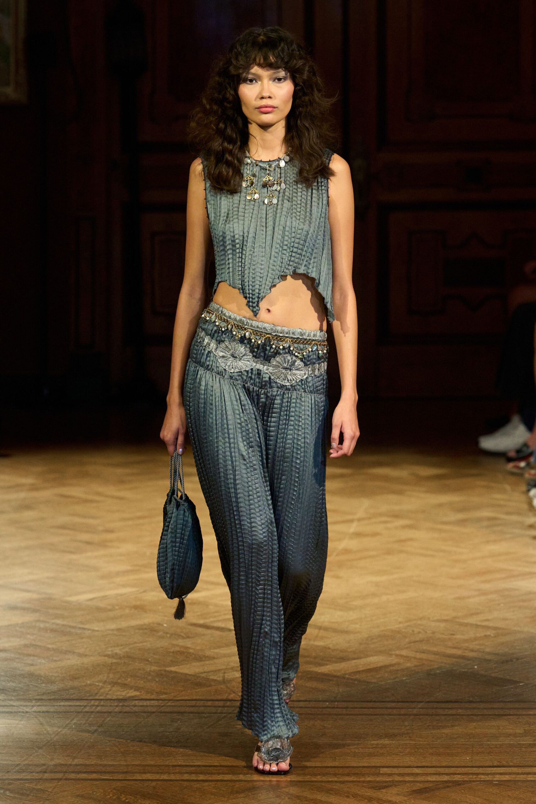 blue pleated handkerchief hem top